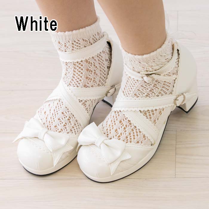 bodyline scallop lace ankle cross strap shoes - white